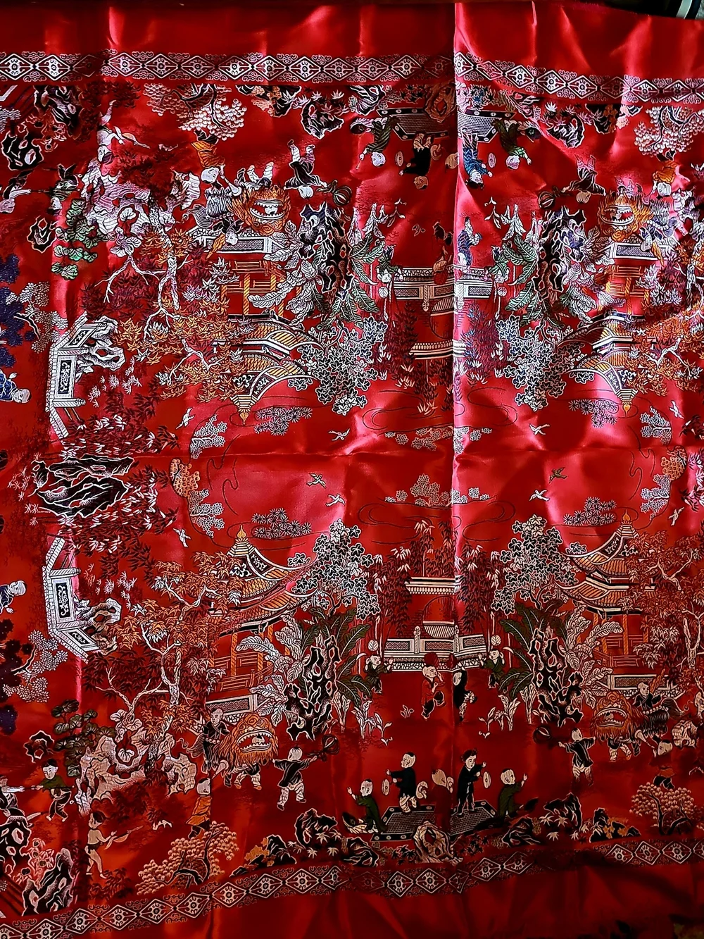 Vintage Chinese RED Silk Brocade Large Piano Shawl / Tablecloth Tapestry